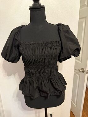 Astr Black Smocked Puff-Sleeve Peplum Top
